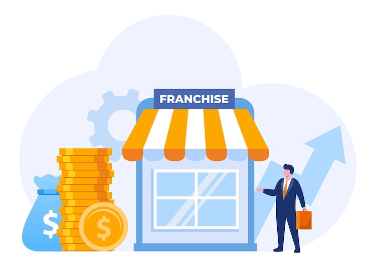 Vector franchise shop business concept start up strategy expansion teamwork and development company flat vector illustration banner for website