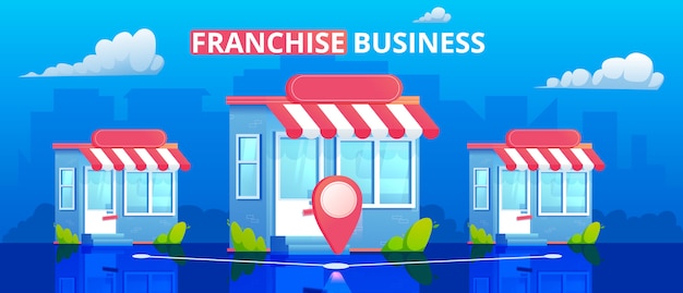 A Franchise stores  illustration. A Marketing network.The Minimal flat banner with a building and city on background