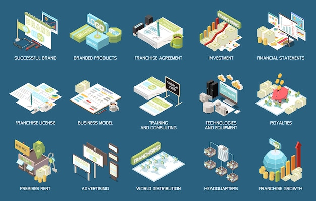 Vector franchising isometric set of training consulting license investment branded products royalties world distribution isolated icons vector illustration