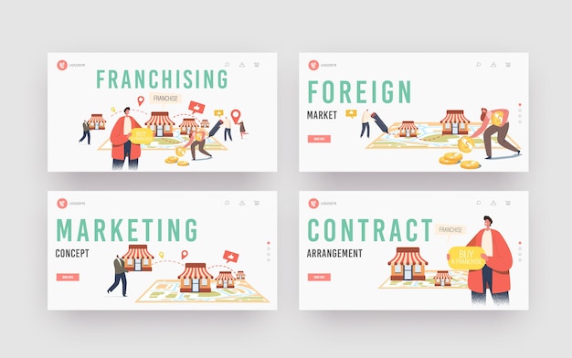 Franchising Landing Page Template Set. Characters Put Kiosks on Huge Map. People Start Franchise Small Enterprise, Company or Shop with Home Office, Corporate Headquarter. Cartoon Vector Illustration