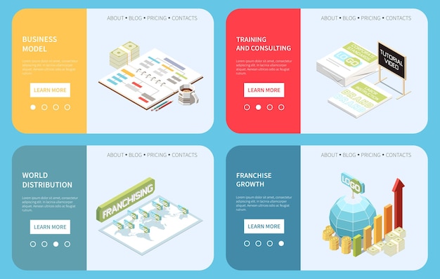 franchising landing pages set providing information about business model training consulting world distribution isometric vector illustration