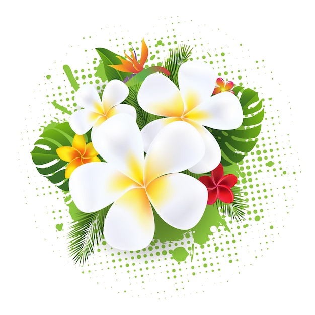 Vector frangipani with tropical flowers banner
