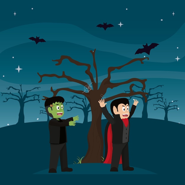 Франкенштейнский монстр и vimpire с деревом и летучими мышами