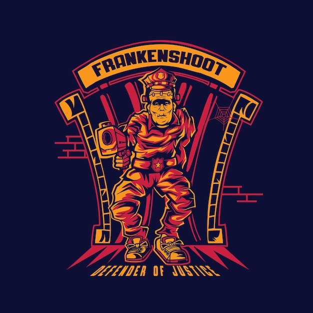 Frankenstein police shoot with pistol premium vector