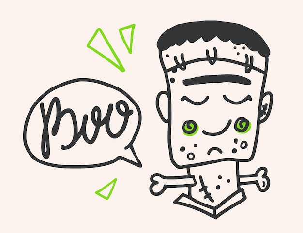 Frankenstein with boo speech bubble hand drawn vector character Cute monster with bone and lettering