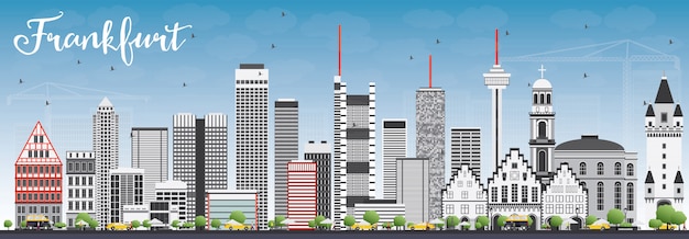 Vector frankfurt skyline with gray buildings and blue sky.