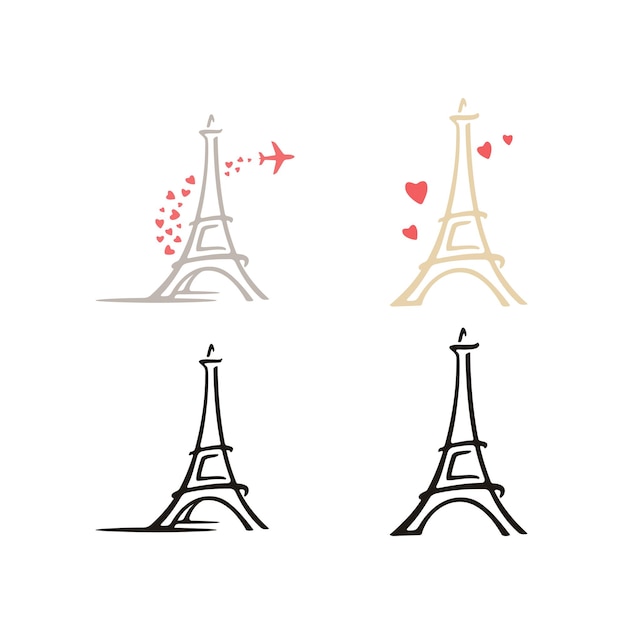 Vector frankrijk parijs eiffeltoren met hart love plane travel logo ontwerpinspiratie