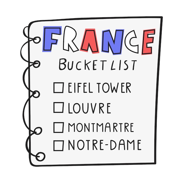 Vector frankrijk reis bucket list platte met de hand getekende illustratie vector grafisch ontwerp op witte achtergrond