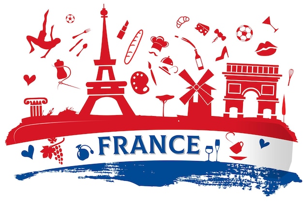 Frankrijk reisbanner met pictogram en monumenten op de vlag
