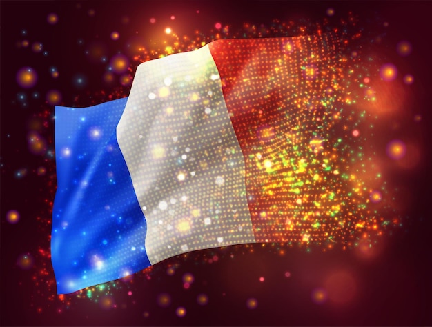 Frankrijk, vector 3d vlag op roze paarse achtergrond met verlichting en fakkels