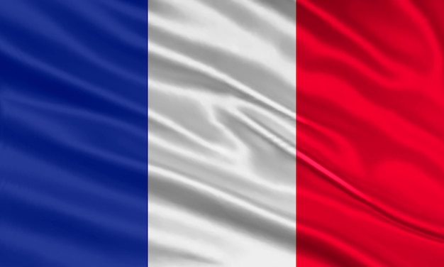 Frankrijk vlag ontwerp. Wapperende Franse vlag gemaakt van satijn of zijde stof. Vectorillustratie.