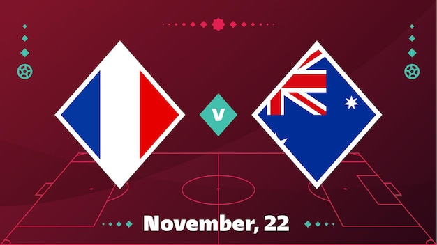 Frankrijk vs Australië wedstrijd voetbal 2022 wereldkampioenschap wedstrijd versus teams op voetbalveld Intro sport achtergrond kampioenschap competitie finale poster vlakke stijl vectorillustratie