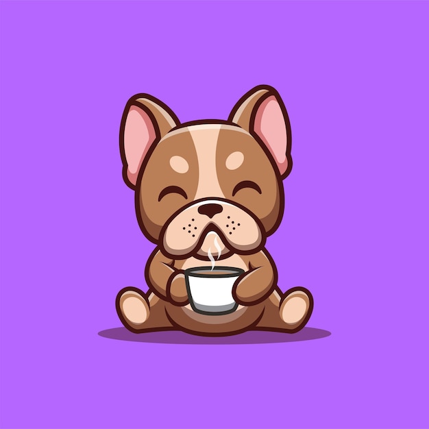 Franse Bulldog Zitten Drinken Koffie Leuke Creatieve Kawaii Cartoon Mascotte Logo