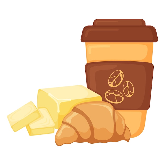 Franse croissant met koffiekopje, ontbijt boter bakkerij productpictogram, concept cartoon biologische drank voedsel vectorillustratie, geïsoleerd op wit. hoge calorie creamery meel bakken voedsel.