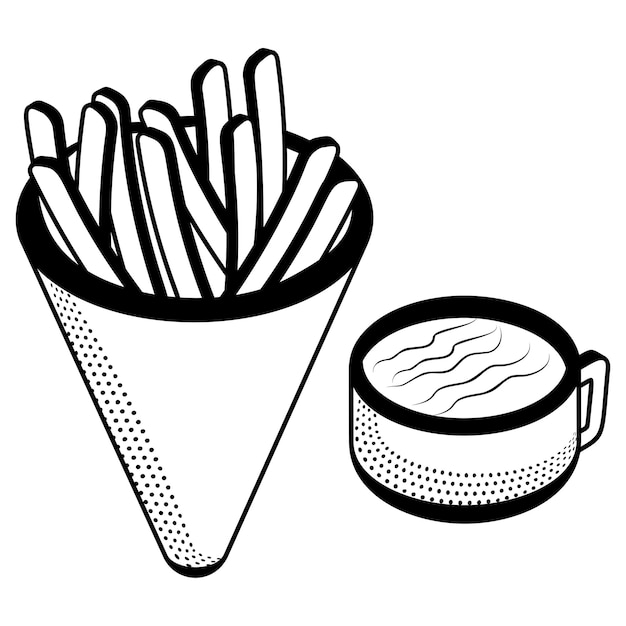 Franse friet met koffiebeker isometrisch concept Thee en chips met de hand getekende vector Bakkerij en bakkerij tekenen