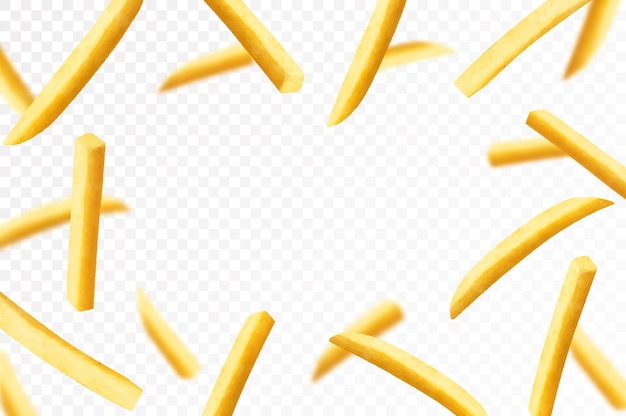 Franse frietjes achtergrond Fastfood banner Vliegende frietjes aardappelen met wazig effect geïsoleerd op wit Junkfood Vallende geroosterde groentestukjes Realistische 3D-vectorillustratie