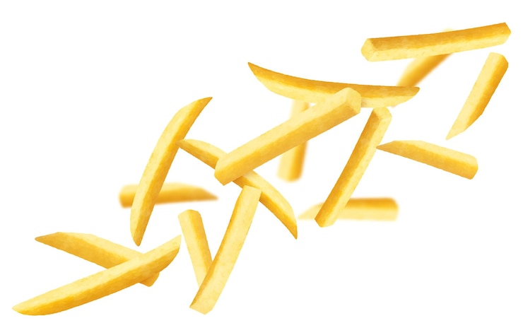 Vector franse frietjes achtergrond fastfood banner vliegende frietjes aardappelen met wazig effect geïsoleerd op wit junkfood vallende geroosterde groentestukjes realistische 3d-vectorillustratie