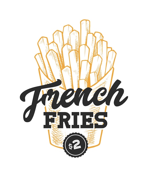 Franse frietjes Retro embleem. Logo sjabloon met zwarte letters en gele frietjes schets.