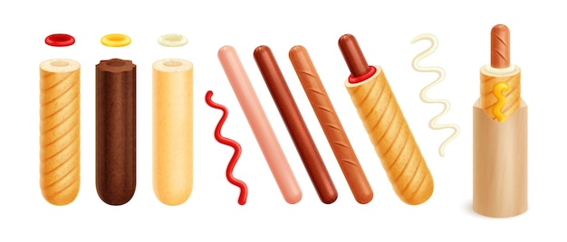 Vector franse hotdog realistische set met geïsoleerde afbeeldingen van kant-en-klare hotdogs en iconen van enkele ingrediënten vectorillustratie