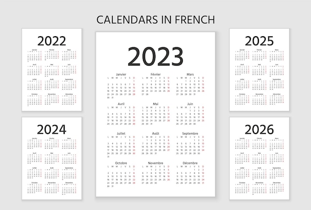 Franse kalender 2023, 2024, 2025, 2026, 2022 jaar. vector illustratie. sjabloonplanner.
