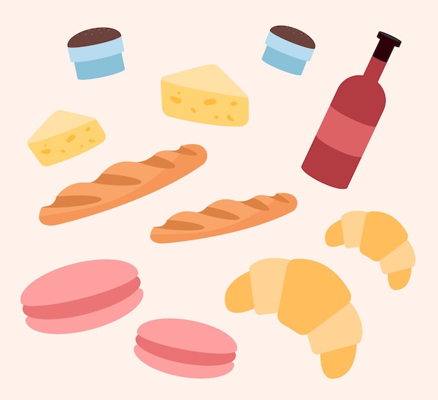 Franse keuken stelt traditionele Franse producten baguette en wijn kaas en worst ingrediënten voor