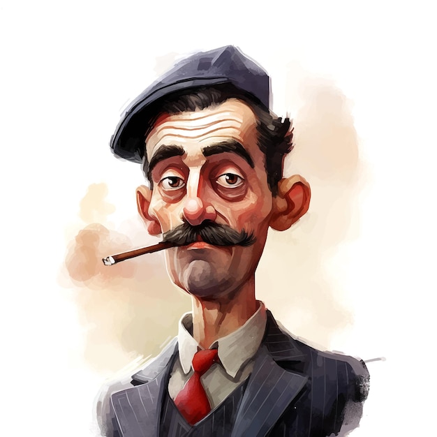 Franse man met snor rokende sigaret aquarelverf