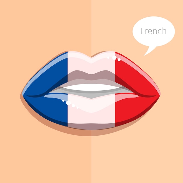 Franse taal concept. glamourlippen met samenstelling van de franse vlag, vrouwengezicht. platte ontwerp illustratie.