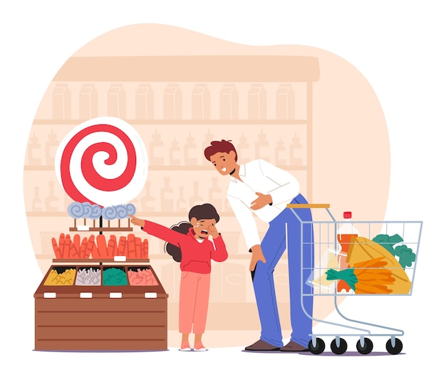 Vector frantic child character passionately insists on buying candy in supermarket creating a chaotic scene while their exasperated father attempts to manage the situation cartoon people vector illustration
