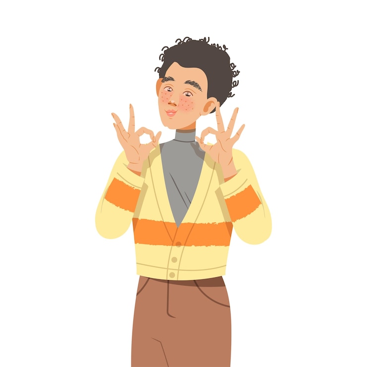 Vector freckled man showing ok gesture with his hands feeling happiness and excitement vector illustration