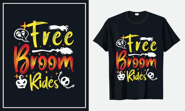 無料ほうき乗りハロウィーンtシャツデザインプレミアムベクトル