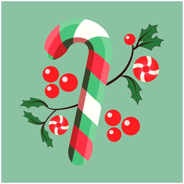 free Christmas candy cane and holly leaves flower berry colorfull vector illustration