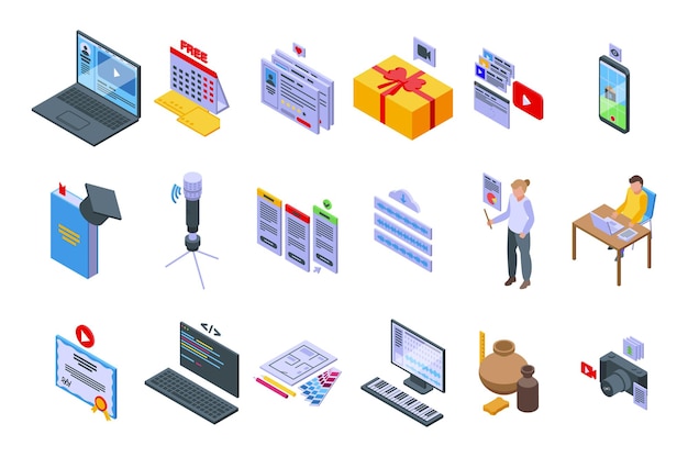 Free course icons set isometric vector. virtual class