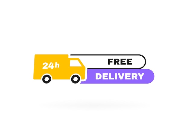 Distintivo di consegna gratuito con camion progettazione del modello di banner per la consegna di spedizioni e società di traslochi illustrazione vettoriale moderna