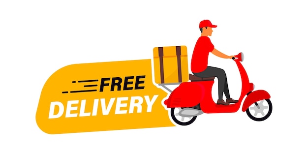 Free delivery Banner with courier on a scooter delivers a package Free shipping order Fast delivery badge for advertisement Express delivery with man on scooter Vector illustration