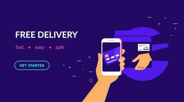 Vettore consegna gratuita per i clienti come pagare con carta di credito tramite modello di sito web neon piatto vettoriale app mobile