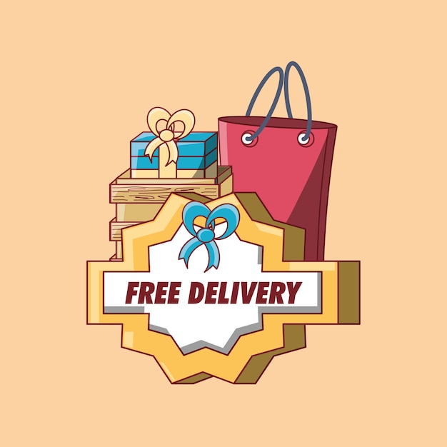 Free delivery design with shopping bag and gift box