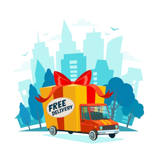 Vector free delivery truck on urban landscape