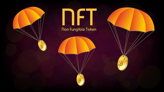 Distribuzione gratuita di gettone nft non fungibile da collezione con monete d'oro su paracadute arancioni su sfondo rosso scuro airdrop nft