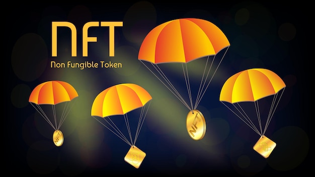 Free distribution of collectible NFT non fungible token with golden coins on parachutes on dark blue background