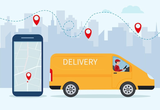 Free, express, home or fast delivery service by van. car with stack of parcels and smartphone with mobile app for online delivery tracking. flat style vector illustration.