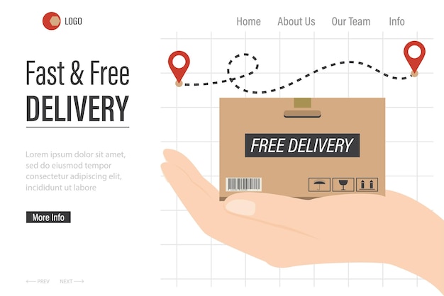 Free and fast delivery landing page template Parcel box on hand Cartoon hand holding package