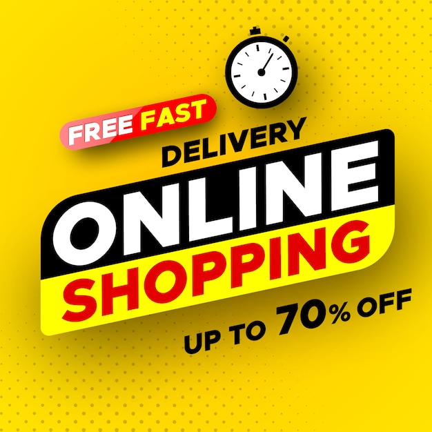 Free fast delivery online shopping banner. sale, up to 70% off.