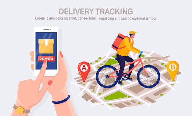 Free fast delivery service by bicycle. courier delivers food order. hand hold phone with mobile app. online package tracking. man travels with a parcel on the map. express shipping. design