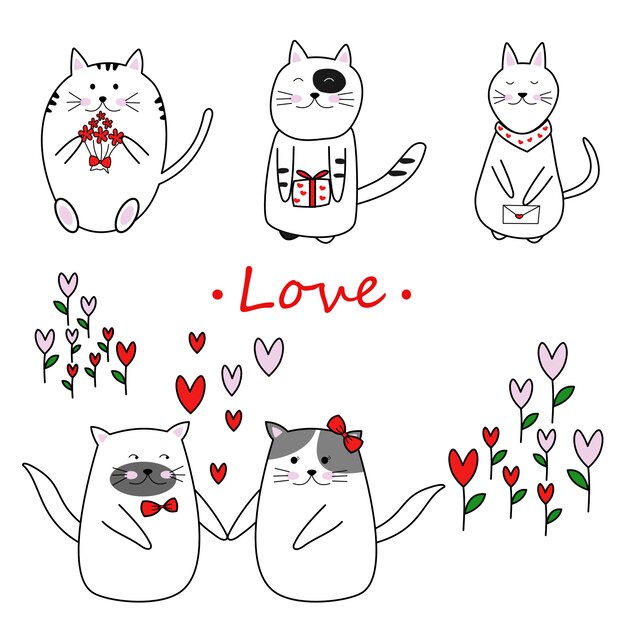 ベクトル 自由な手はバレンタインデーに恋に素敵な猫を描く