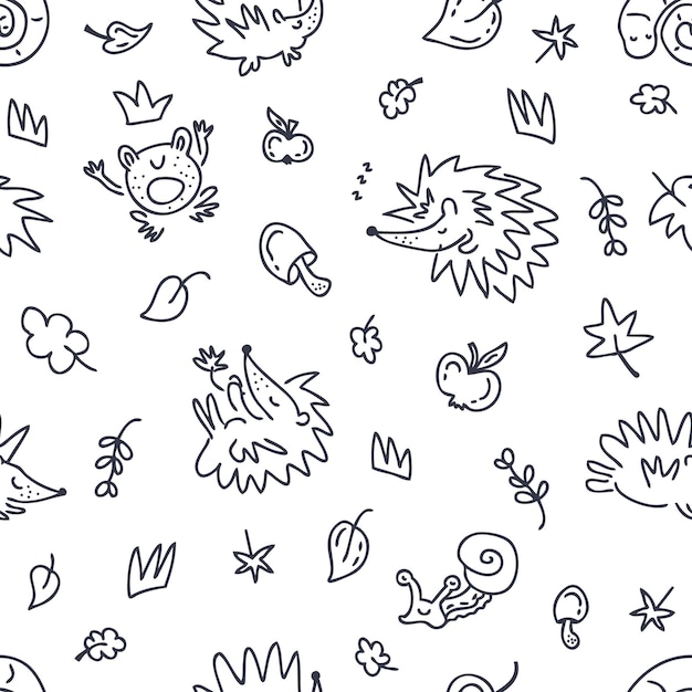 Free hand drawing seamless pattern of hedgehogs and autumn elements doodles perfect for fabric scrapbooking textile and prints hand drawn vector illustration for decor and design