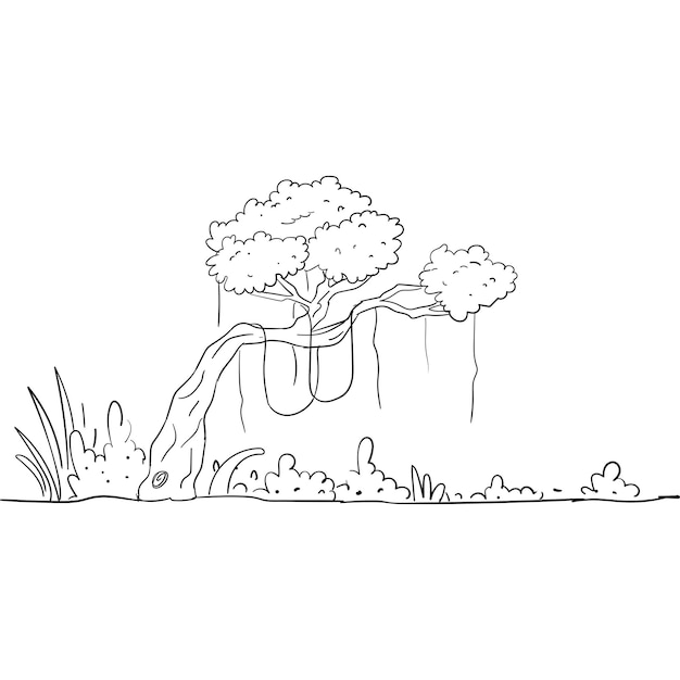 Free Hand Drawn detailed Black Line Banyan Tree On Ground Vector