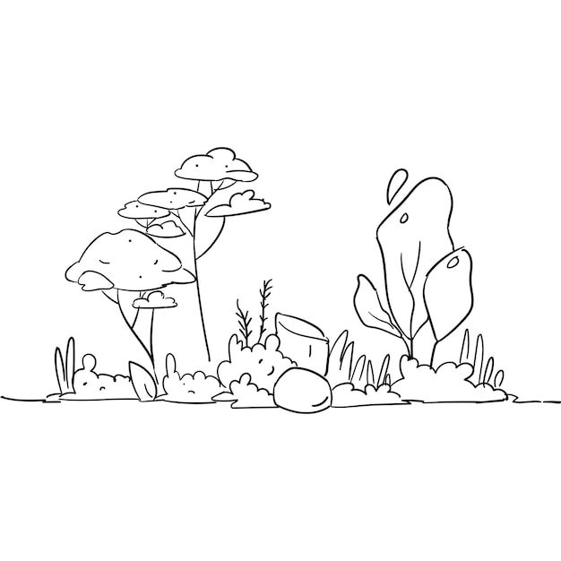 Free hand drawn detailed black line nature scene tree and rock