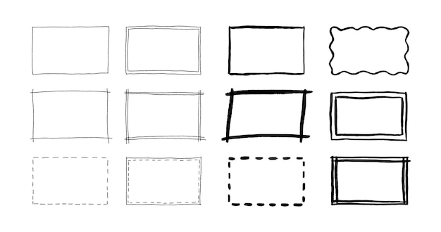 フリーハンド描画長方形フレーム セット 落書き長方形の形状 (フリーハンド) 鉛筆正方形のテキスト ボックス 落書き強調デザイン要素 行枠 白い背景で隔離のベクトル図