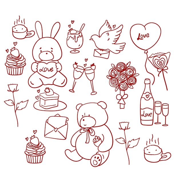 Бесплатная ручная иллюстрация Дня святого Валентина Cute Stickers Vector Illustration