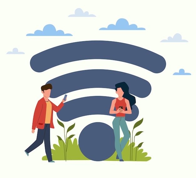 無料のインターネットゾーン。屋外でスマートフォンを使用している男性と女性、公園のユーザー、wi-fiホットスポット良い信号、パブリックアクセスエリア、オンライン技術ワイヤレス接続標識、ベクトルフラット漫画wifiコンセプト